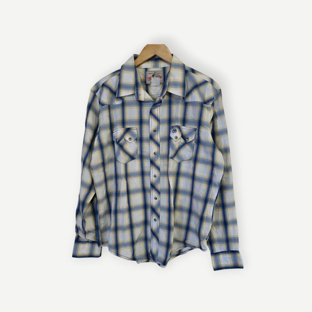 Wrangler Men's "Large" Western Pearl Snap Shirt Blue White Plaid Cowboy Vintage